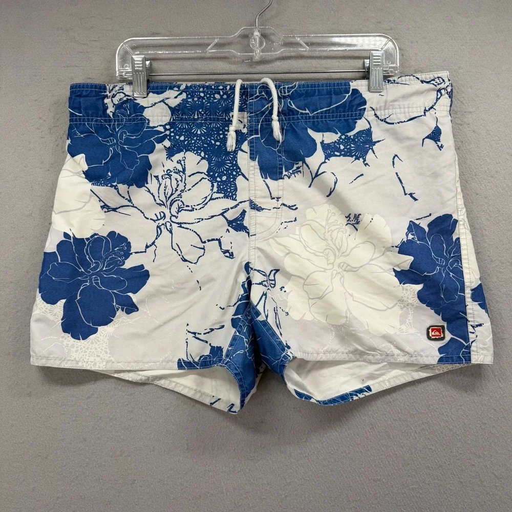 Quiksilver Swim Trunks Men Small Blue White Floral Beach Board Shorts Lined Y2K